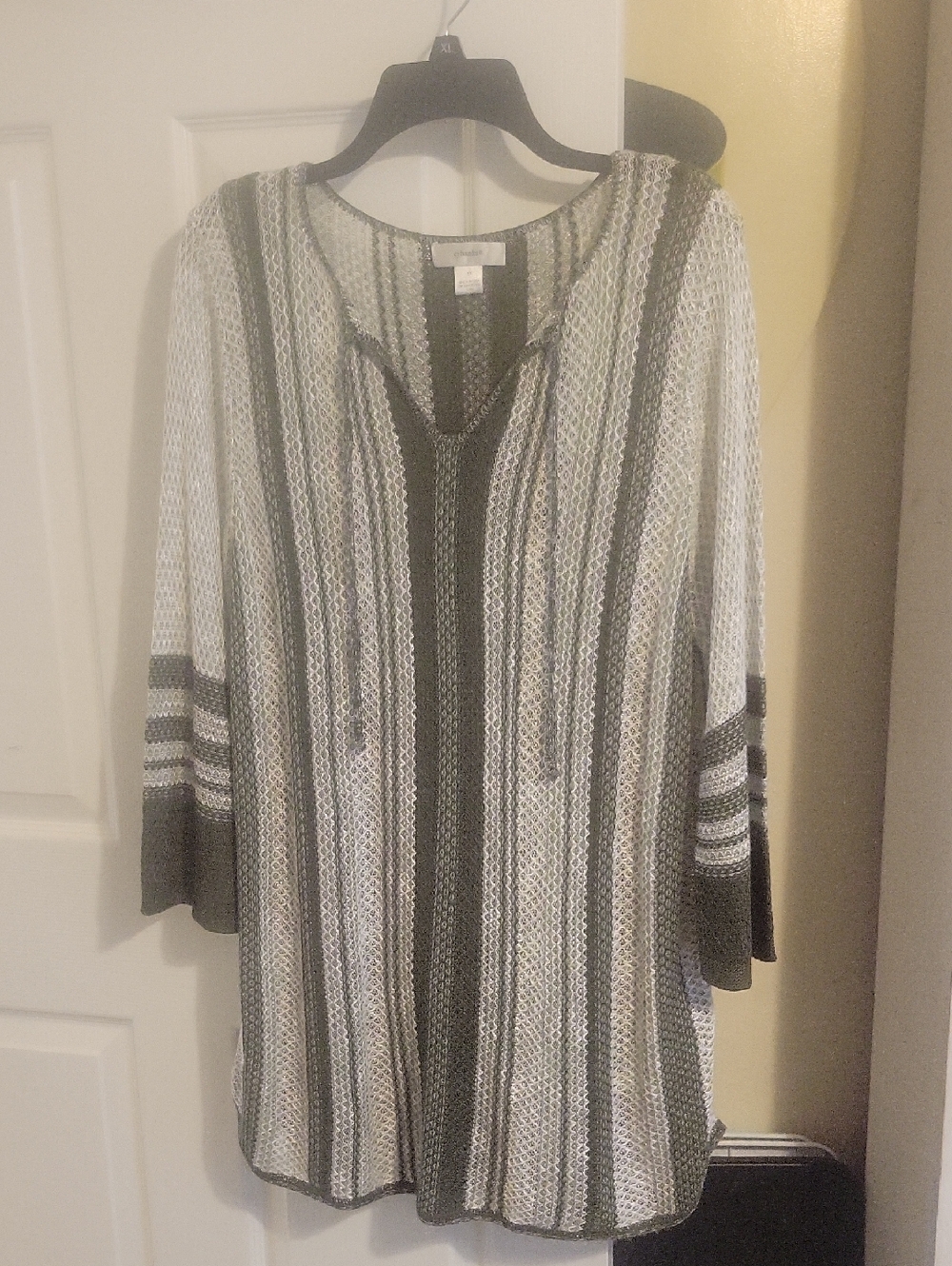 CJ Banks Olive, Sz1X Cream & Green Striped Vneck tie at neck Knit Tunic Cover